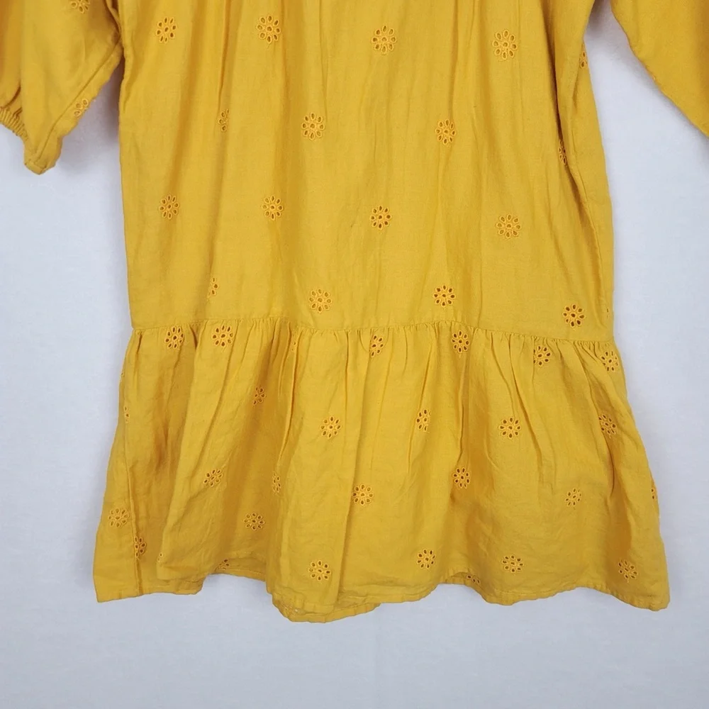 Cat & Jack 7/8 Mustard Yellow Eyelet Ling Sleeve Dress 100% Cotton